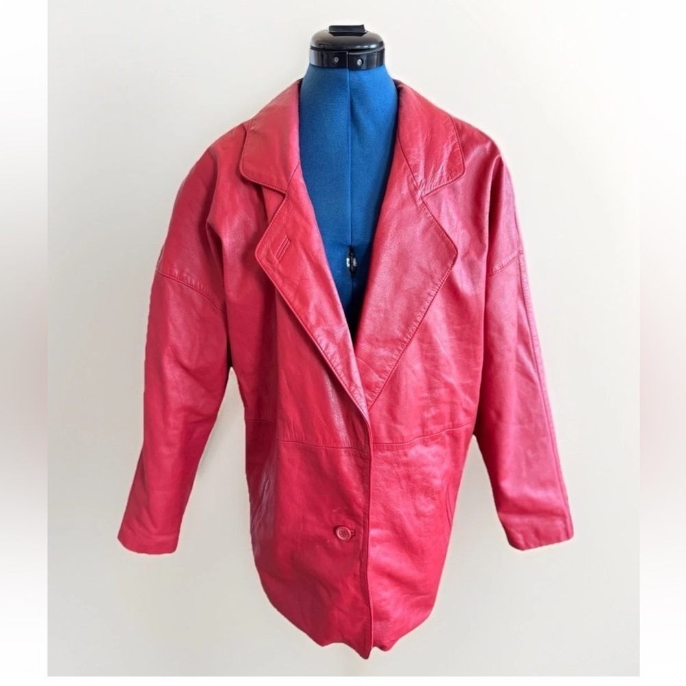Vintage 80s TOFFS Red Leather Oversized Shoulder Pads Jacket Womens Size S